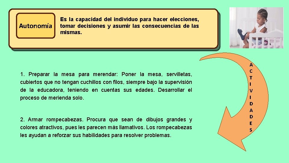 Autonomía Es la capacidad del individuo para hacer elecciones, tomar decisiones y asumir las