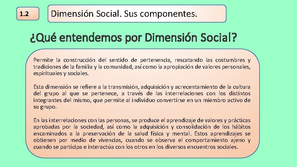 1. 2 Dimensión Social. Sus componentes. ¿Qué entendemos por Dimensión Social? Permite la construcción