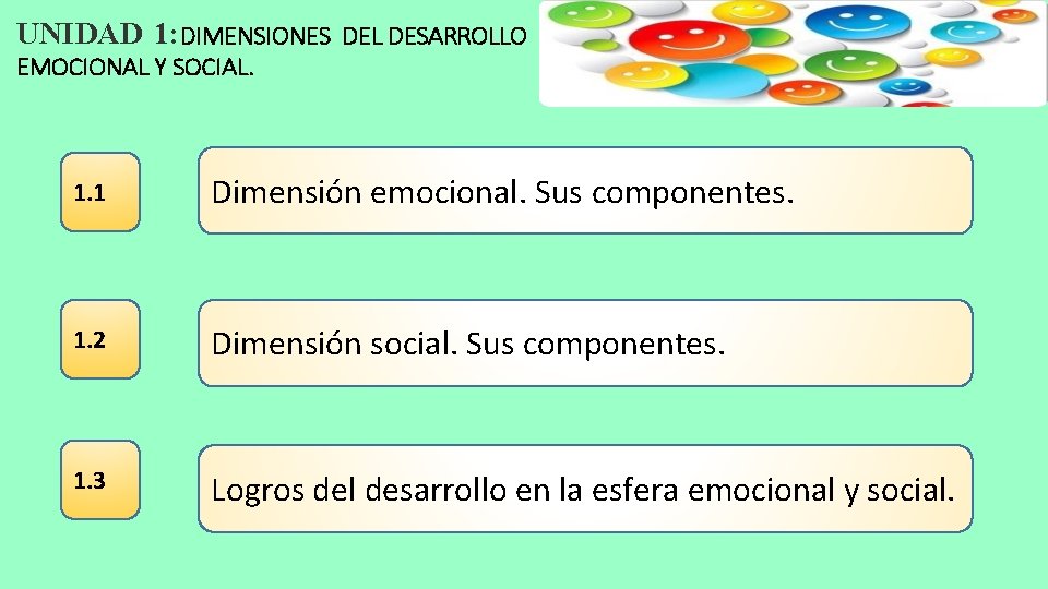 UNIDAD 1: DIMENSIONES DEL DESARROLLO EMOCIONAL Y SOCIAL. 1. 1 Dimensión emocional. Sus componentes.