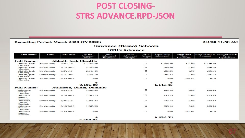 POST CLOSINGSTRS ADVANCE. RPD-JSON 67 