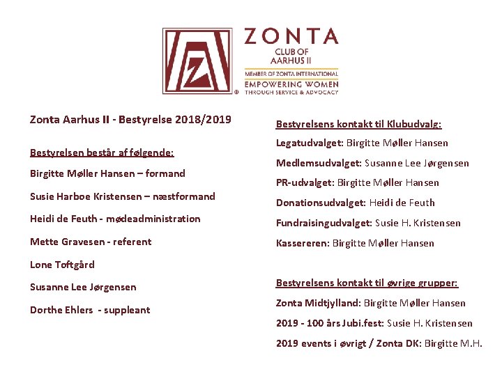 Zonta Aarhus II - Bestyrelse 2018/2019 Bestyrelsen består af følgende: Birgitte Møller Hansen –