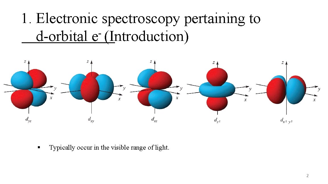 1. Electronic spectroscopy pertaining to d-orbital e (Introduction) § Typically occur in the visible