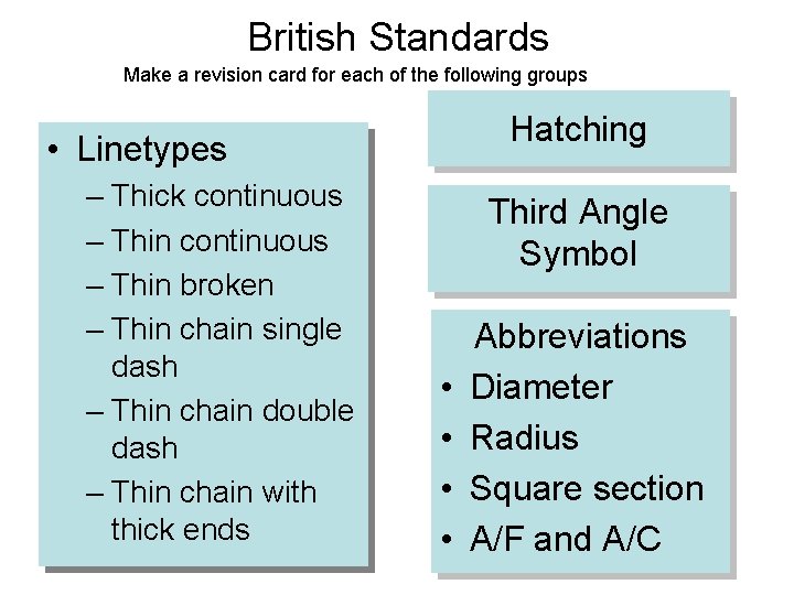 British Standards Make a revision card for each of the following groups Hatching •
