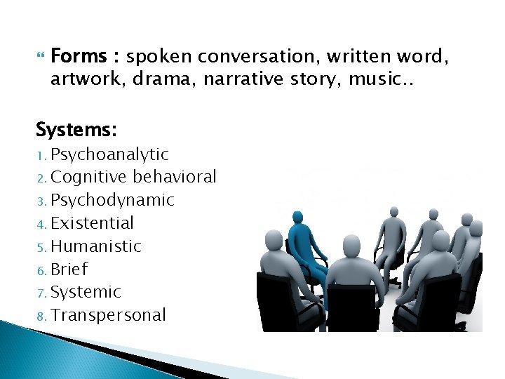  Forms : spoken conversation, written word, artwork, drama, narrative story, music. . Systems: