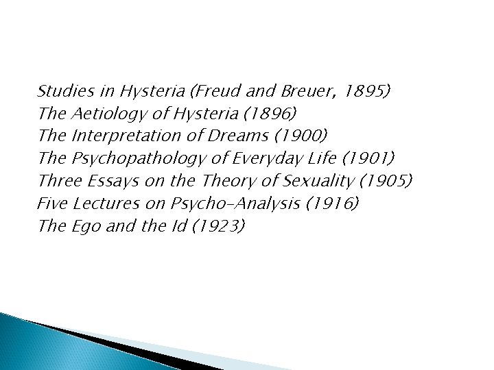 Studies in Hysteria (Freud and Breuer, 1895) The Aetiology of Hysteria (1896) The Interpretation