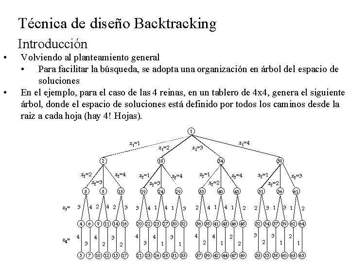 Técnica de diseño Backtracking Introducción • • Volviendo al planteamiento general • Para facilitar