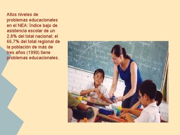 Altos niveles de problemas educacionales en el NEA: Índice bajo de asistencia escolar de