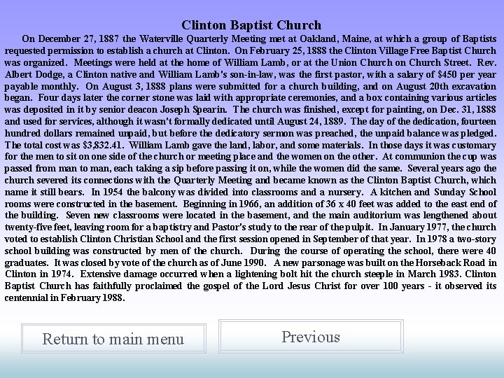 Clinton Baptist Church On December 27, 1887 the Waterville Quarterly Meeting met at Oakland,