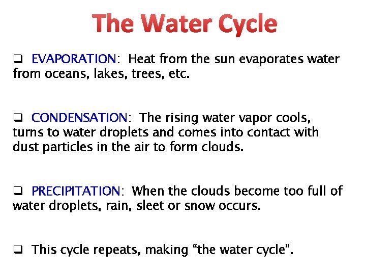 The Water Cycle q EVAPORATION: Heat from the sun evaporates water from oceans, lakes,