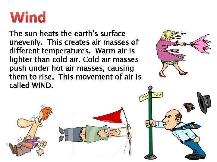 Wind The sun heats the earth's surface unevenly. This creates air masses of different