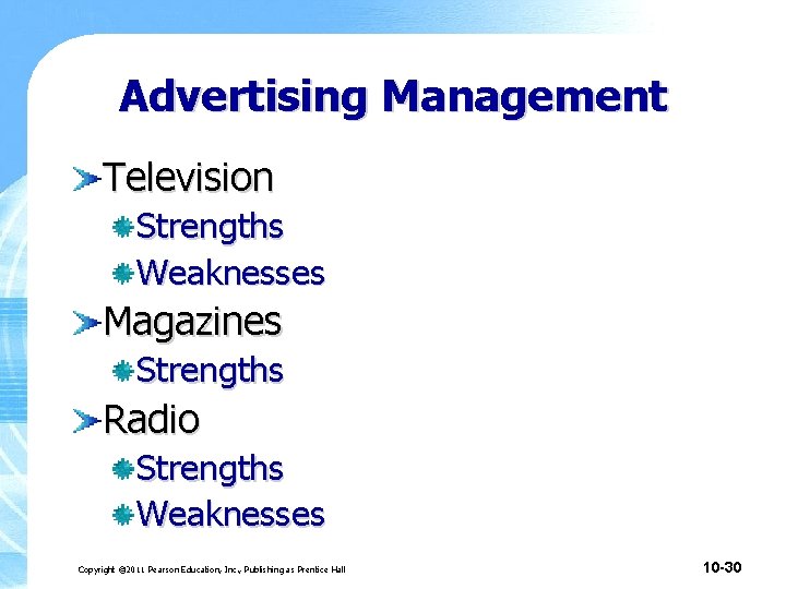 Advertising Management Television Strengths Weaknesses Magazines Strengths Radio Strengths Weaknesses Copyright © 2011 Pearson Advertising Management Television Strengths Weaknesses Magazines Strengths Radio Strengths Weaknesses Copyright © 2011 Pearson