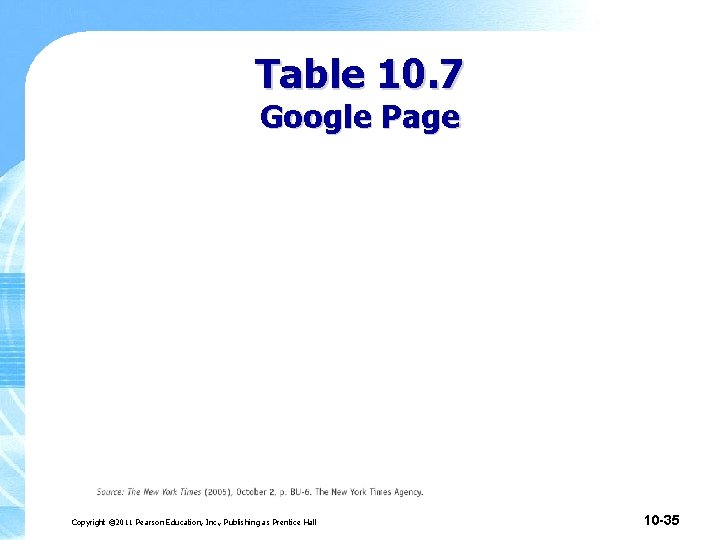 Table 10. 7 Google Page Copyright © 2011 Pearson Education, Inc. , Publishing as Table 10. 7 Google Page Copyright © 2011 Pearson Education, Inc. , Publishing as