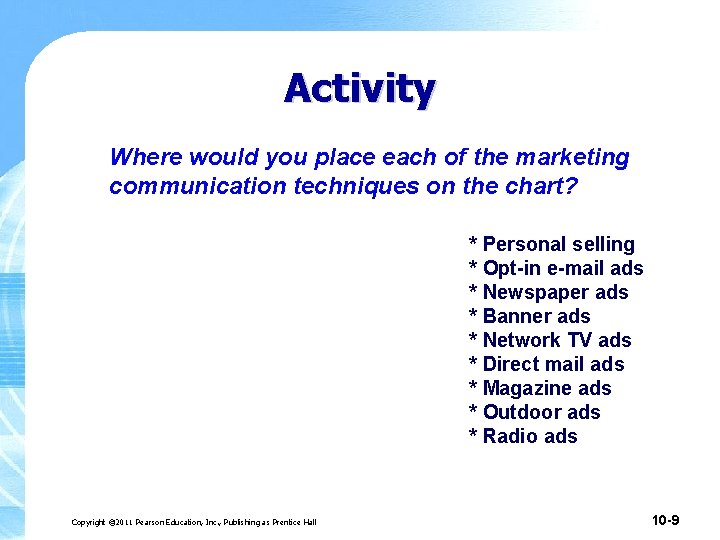Activity Where would you place each of the marketing communication techniques on the chart? Activity Where would you place each of the marketing communication techniques on the chart?