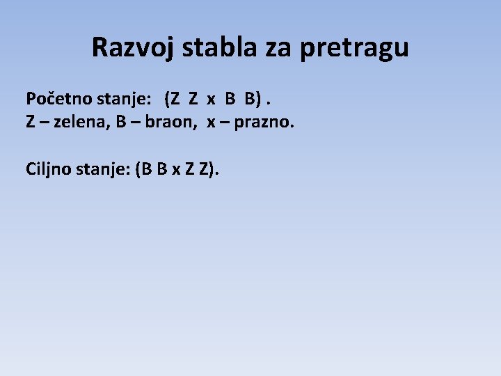 Razvoj stabla za pretragu Početno stanje: (Z Z x B B). Z – zelena, Razvoj stabla za pretragu Početno stanje: (Z Z x B B). Z – zelena,