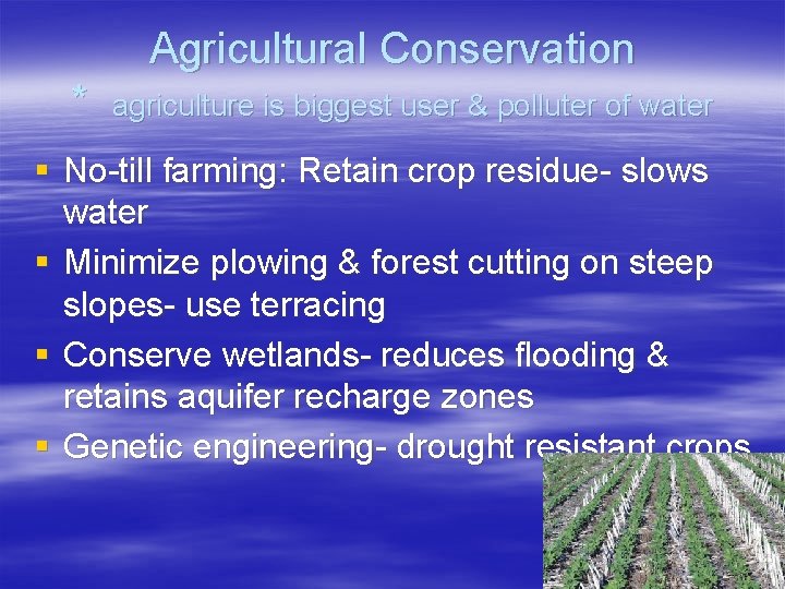 Agricultural Conservation * agriculture is biggest user & polluter of water § No-till farming: