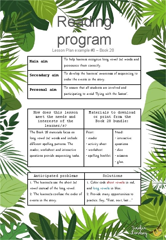 Reading program Lesson Plan example #8 – Book 28 Main aim Secondary aim Personal