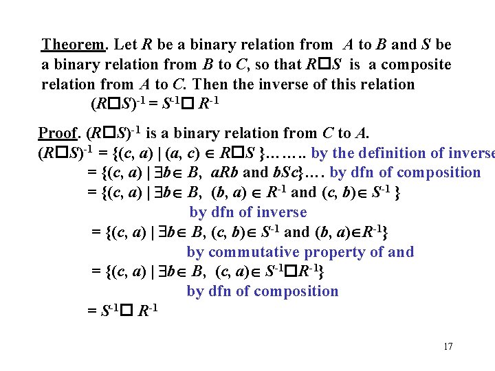 Theorem. Let R be a binary relation from A to B and S be