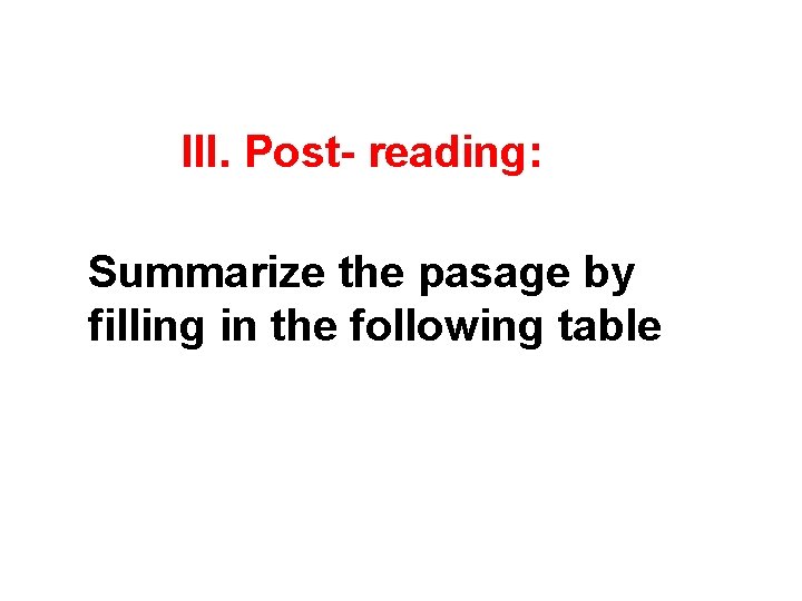 III. Post- reading: Summarize the pasage by filling in the following table 