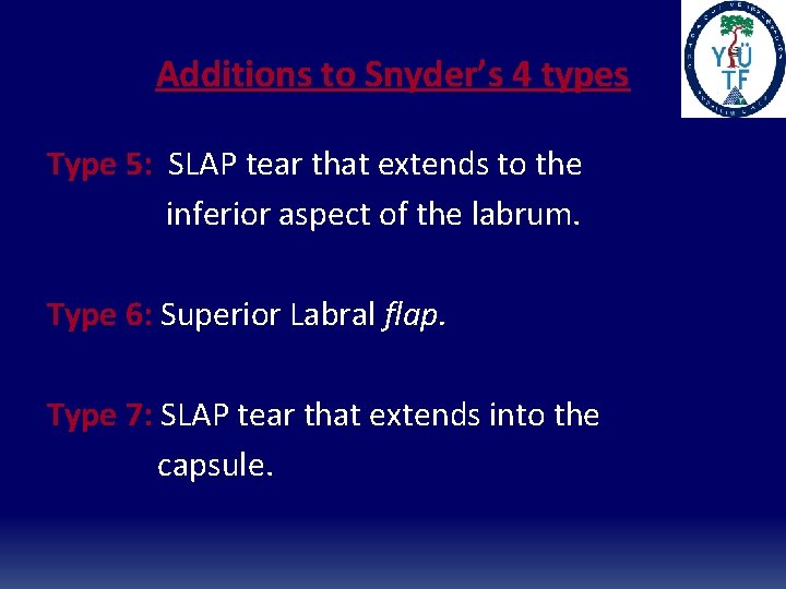 Additions to Snyder’s 4 types Type 5: SLAP tear that extends to the inferior