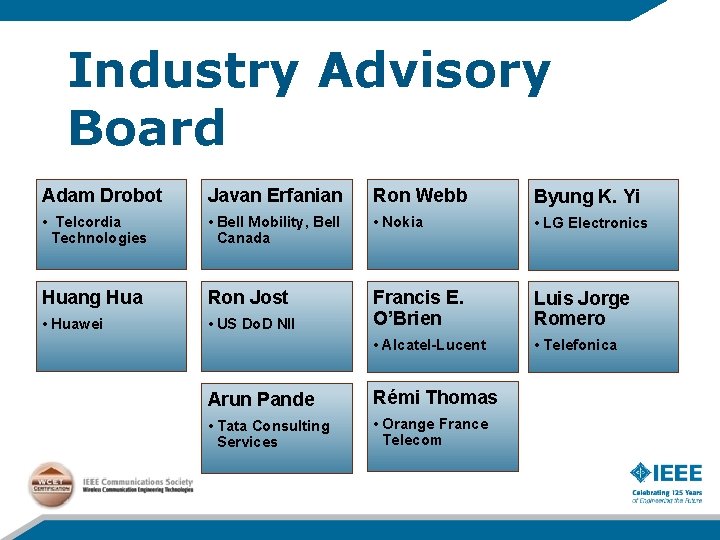 Industry Advisory Board Adam Drobot Javan Erfanian Ron Webb Byung K. Yi • Telcordia