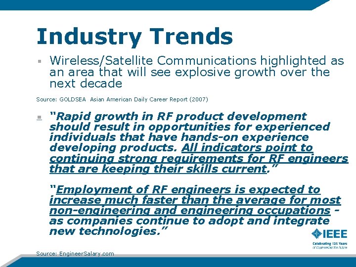 Industry Trends Wireless/Satellite Communications highlighted as an area that will see explosive growth over