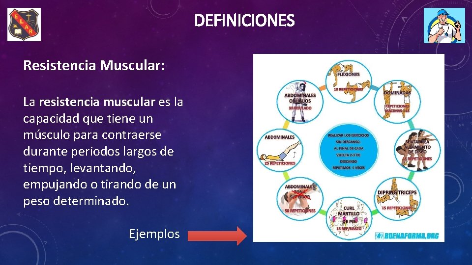 DEFINICIONES Resistencia Muscular: La resistencia muscular es la capacidad que tiene un músculo para