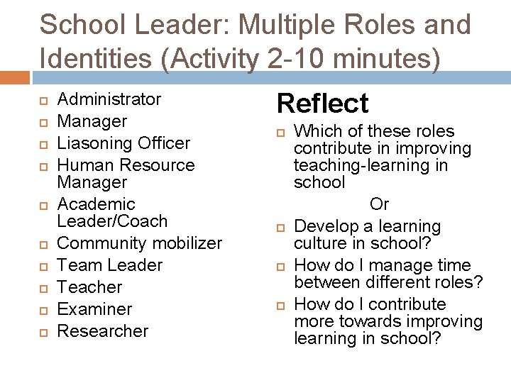School Leader: Multiple Roles and Identities (Activity 2 -10 minutes) Administrator Manager Liasoning Officer