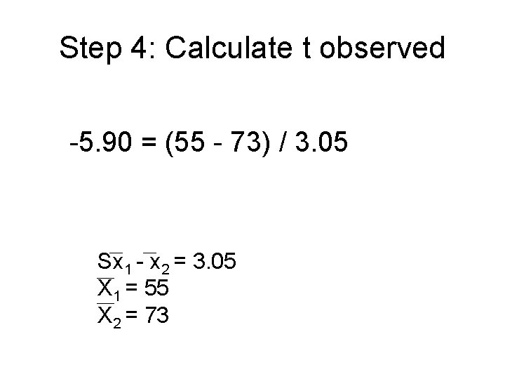 Step 4: Calculate t observed -5. 90 = (55 - 73) / 3. 05 Step 4: Calculate t observed -5. 90 = (55 - 73) / 3. 05