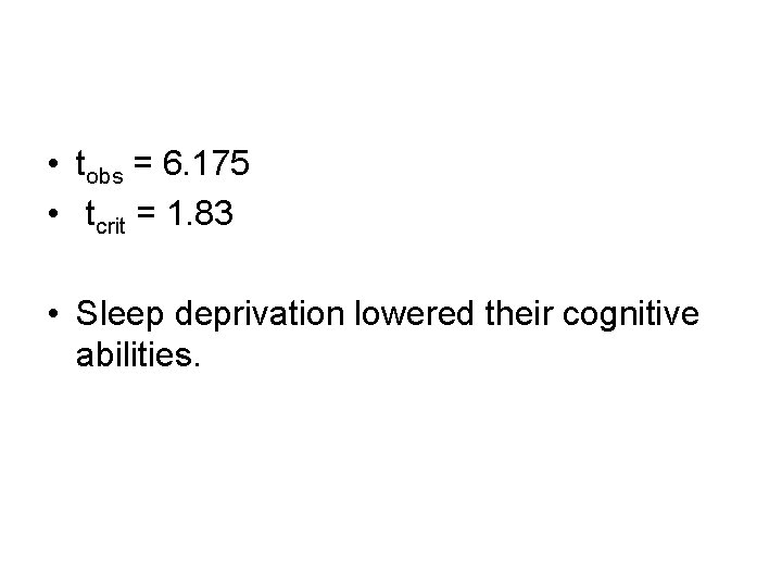 • tobs = 6. 175 • tcrit = 1. 83 • Sleep deprivation • tobs = 6. 175 • tcrit = 1. 83 • Sleep deprivation