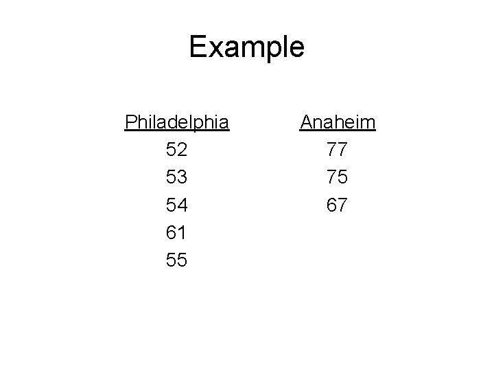 Example Philadelphia 52 53 54 61 55 Anaheim 77 75 67 Example Philadelphia 52 53 54 61 55 Anaheim 77 75 67