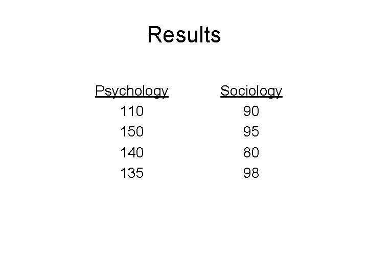 Results Psychology 110 150 140 135 Sociology 90 95 80 98 Results Psychology 110 150 140 135 Sociology 90 95 80 98