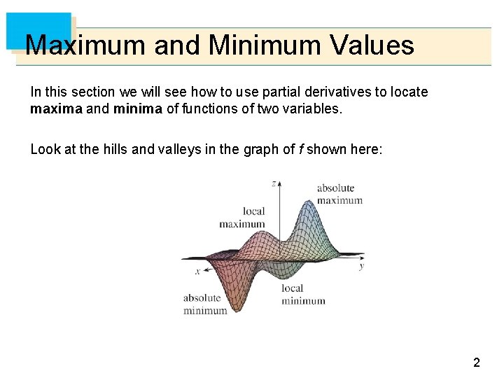 Maximum and Minimum Values In this section we will see how to use partial