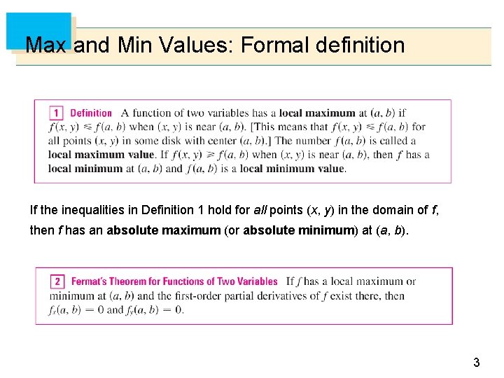 Max and Min Values: Formal definition If the inequalities in Definition 1 hold for