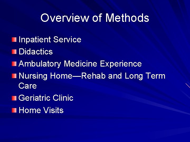 Overview of Methods Inpatient Service Didactics Ambulatory Medicine Experience Nursing Home—Rehab and Long Term