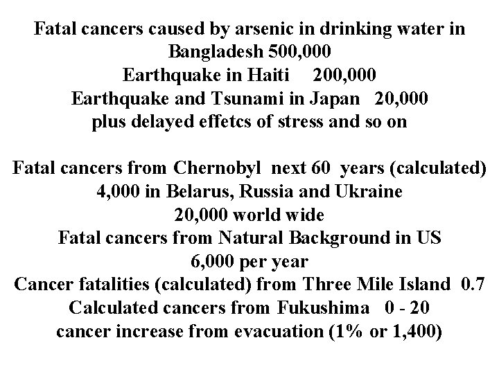 Fatal cancers caused by arsenic in drinking water in Bangladesh 500, 000 Earthquake in