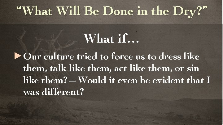 “What Will Be Done in the Dry? ” What if… ►Our culture tried to