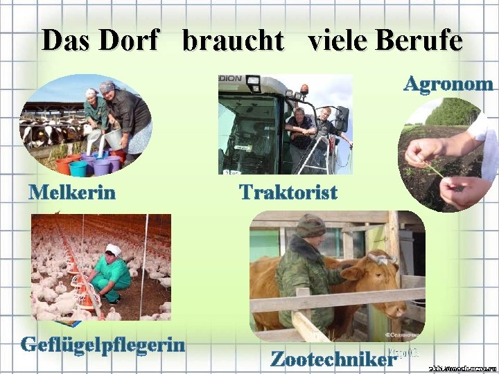 Das Dorf braucht viele Berufe Agronom Melkerin Geflügelpflegerin Traktorist Zootechniker 