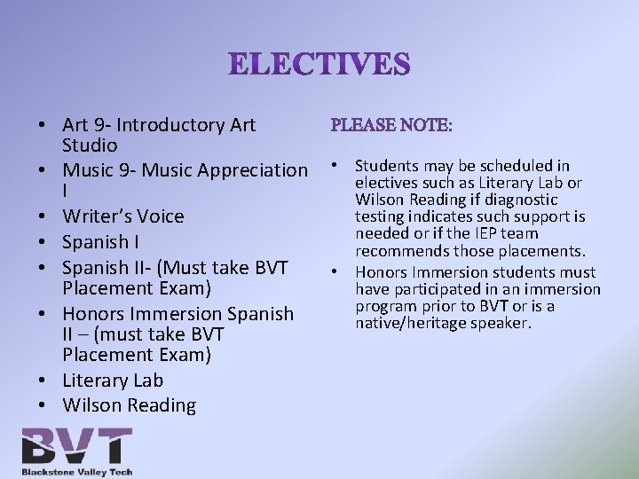  • Art 9 - Introductory Art Studio • Music 9 - Music Appreciation