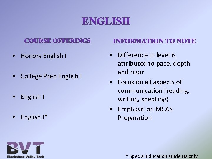  • Honors English I • College Prep English I • English I* •