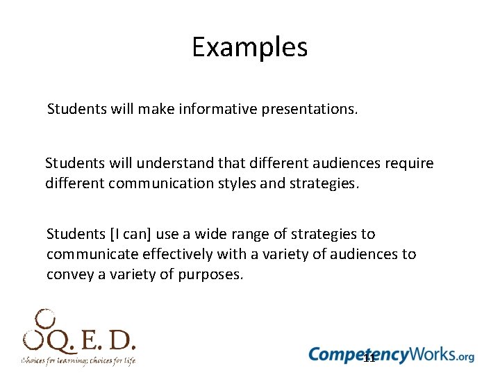 Examples Students will make informative presentations. Students will understand that different audiences require different