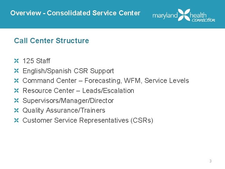 Overview - Consolidated Service Center Call Center Structure 125 Staff English/Spanish CSR Support Command