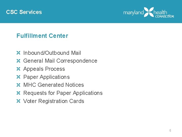 CSC Services Fulfillment Center Inbound/Outbound Mail General Mail Correspondence Appeals Process Paper Applications MHC