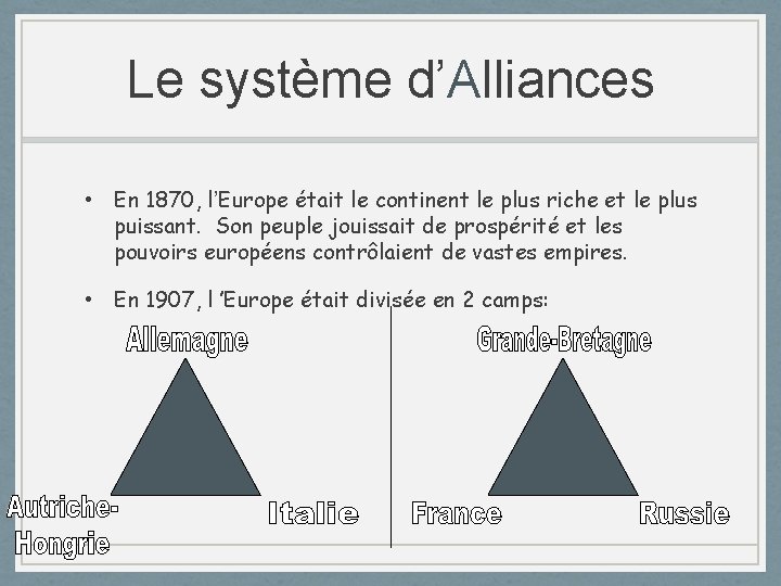 Le système d’Alliances • En 1870, l’Europe était le continent le plus riche et