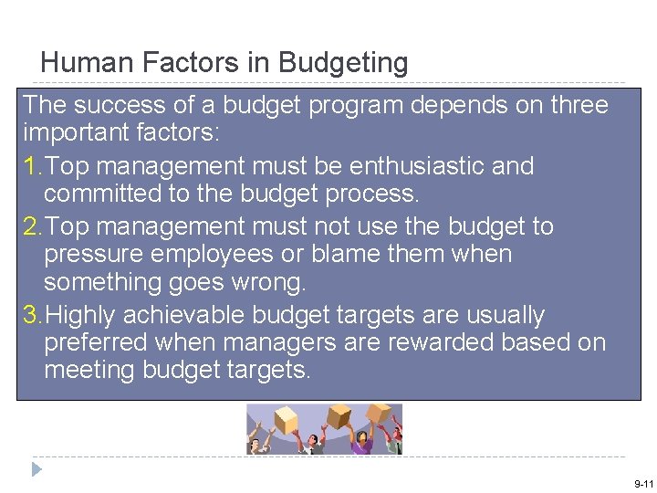 Human Factors in Budgeting The success of a budget program depends on three important