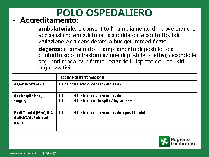 POLO OSPEDALIERO - Accreditamento: - ambulatoriale: è consentito l’ampliamento di nuove branche specialistiche ambulatoriali