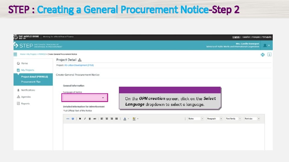 STEP : Creating a General Procurement Notice-Step 2 