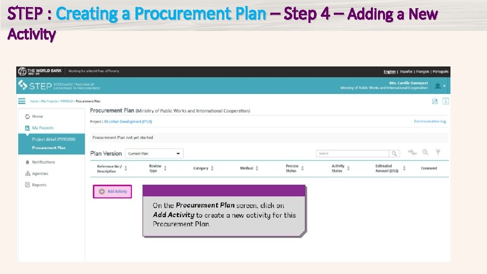 STEP : Creating a Procurement Plan – Step 4 – Adding a New Activity