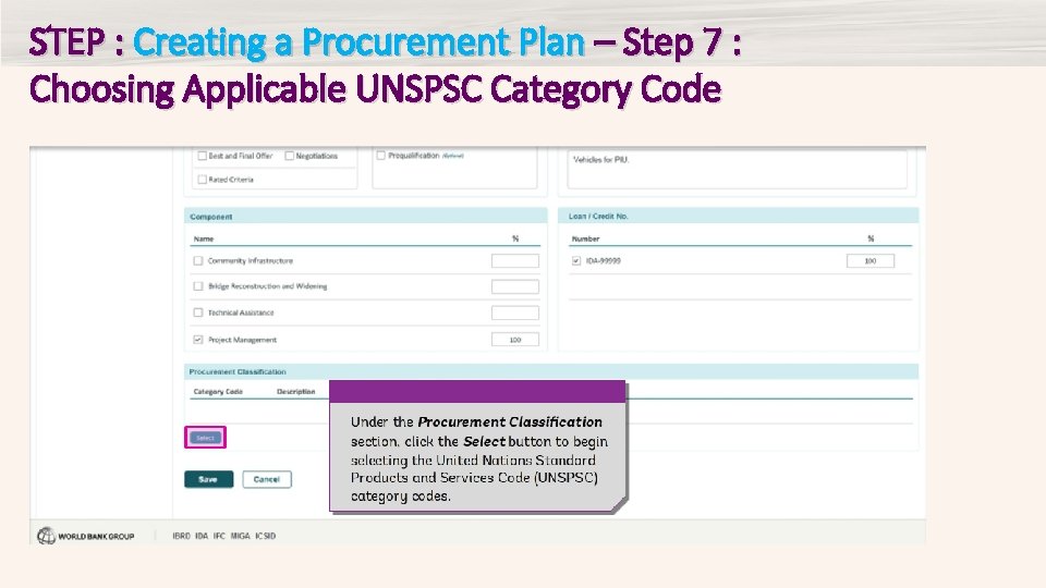 STEP : Creating a Procurement Plan – Step 7 : Choosing Applicable UNSPSC Category
