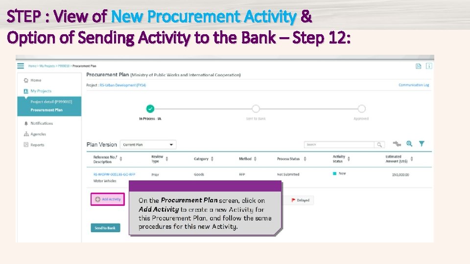 STEP : View of New Procurement Activity & Option of Sending Activity to the