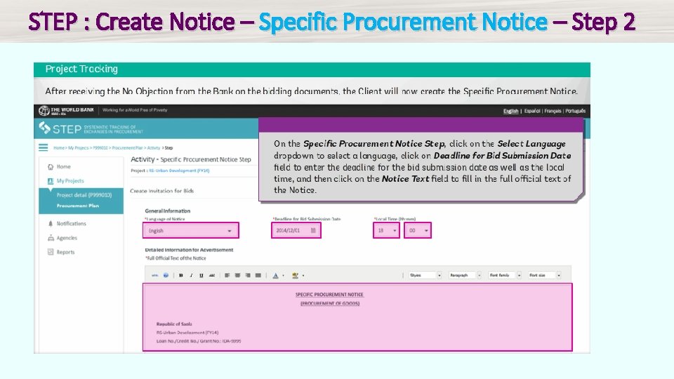 STEP : Create Notice – Specific Procurement Notice – Step 2 